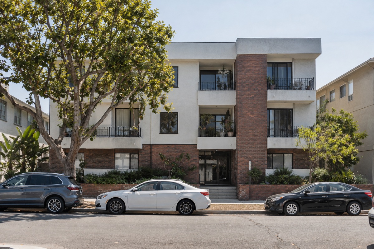 Stucco and brick apartments photographed from a tree-lined street